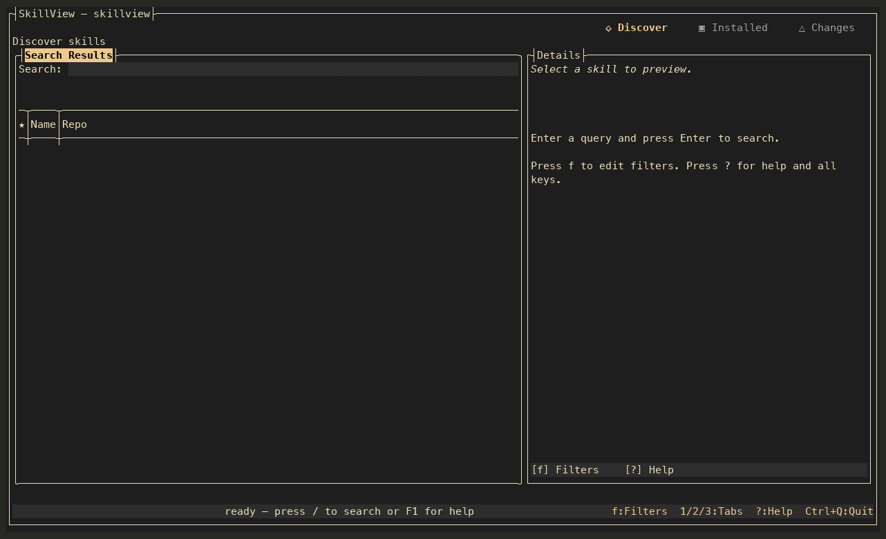 Animated SkillView Discover screen showing a search and preview